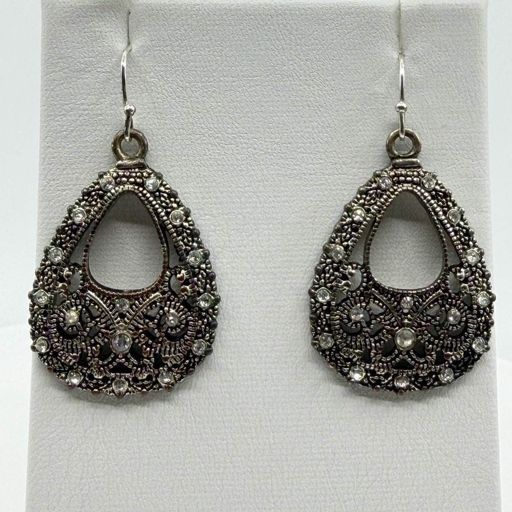 Silver Tone Filigree Teardrop Earrings Rhinestone Gothic Boho Statement Gift